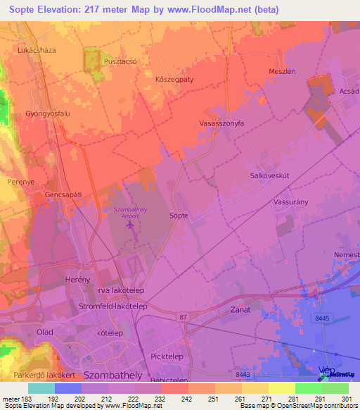 Sopte,Hungary Elevation Map