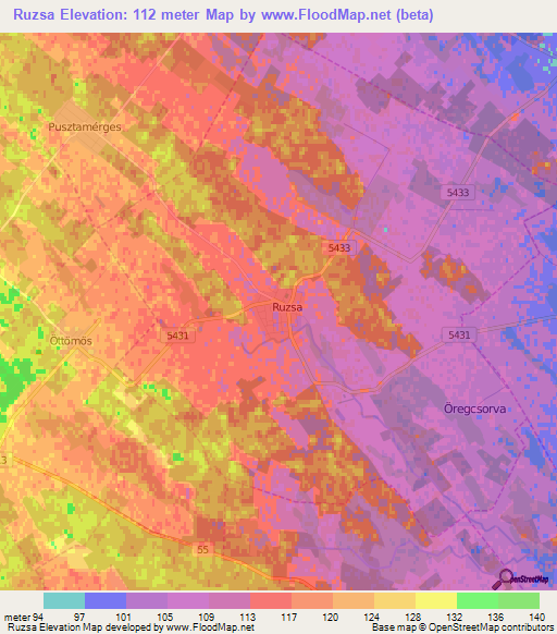 Ruzsa,Hungary Elevation Map