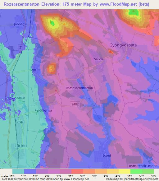 Rozsaszentmarton,Hungary Elevation Map