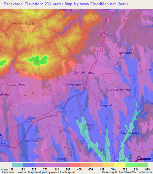 Pecsvarad,Hungary Elevation Map