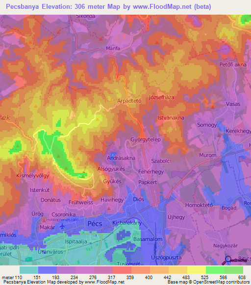 Pecsbanya,Hungary Elevation Map