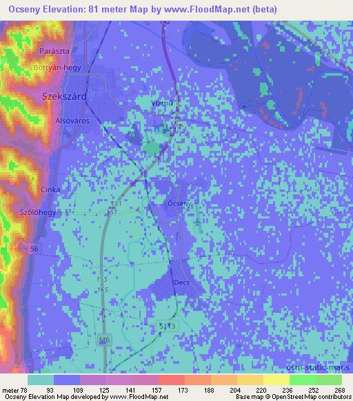 Ocseny,Hungary Elevation Map