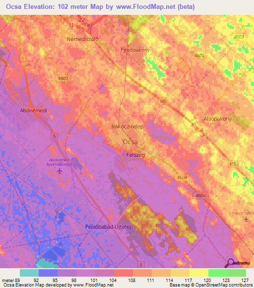 Ocsa,Hungary Elevation Map
