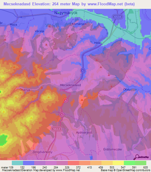 Mecseknadasd,Hungary Elevation Map