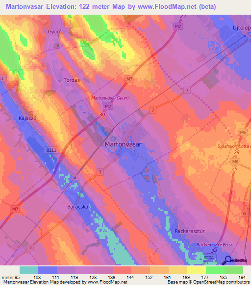 Martonvasar,Hungary Elevation Map