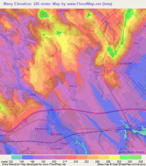 Many,Hungary Elevation Map