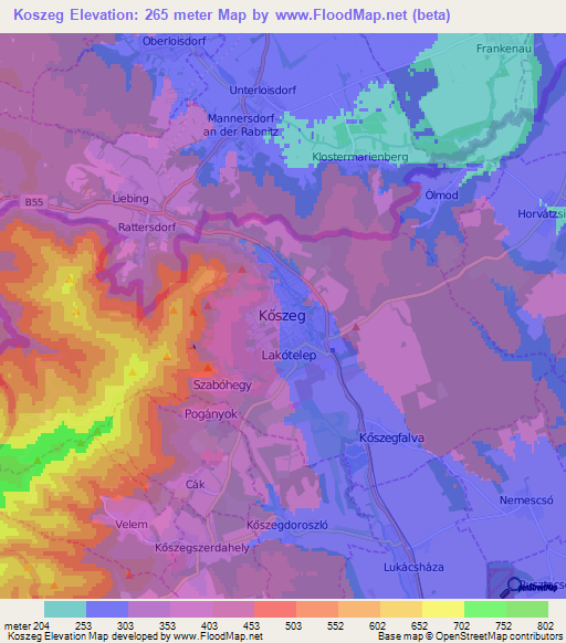 Koszeg,Hungary Elevation Map