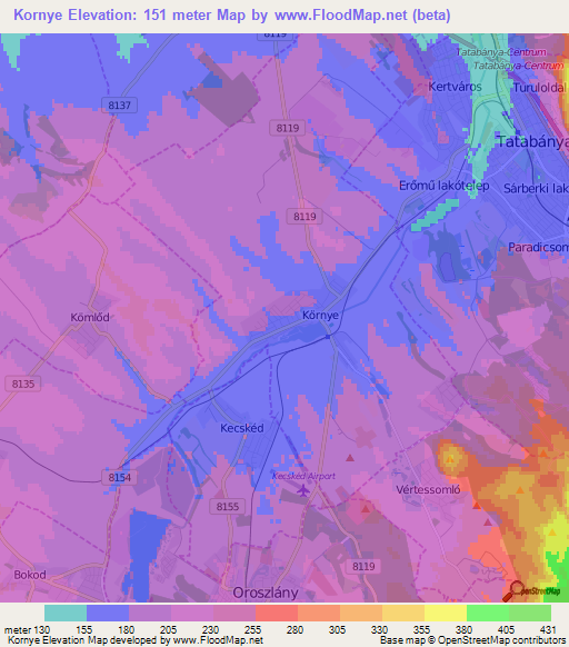 Kornye,Hungary Elevation Map