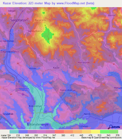 Kazar,Hungary Elevation Map