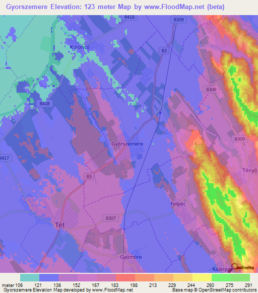 Gyorszemere,Hungary Elevation Map