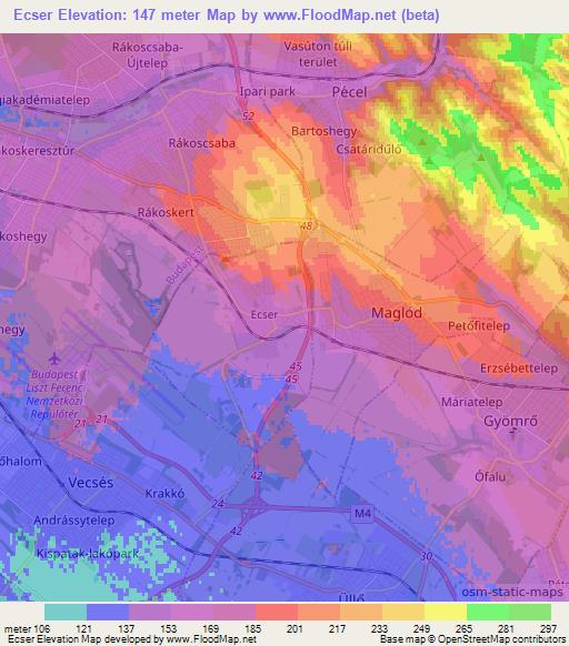Ecser,Hungary Elevation Map