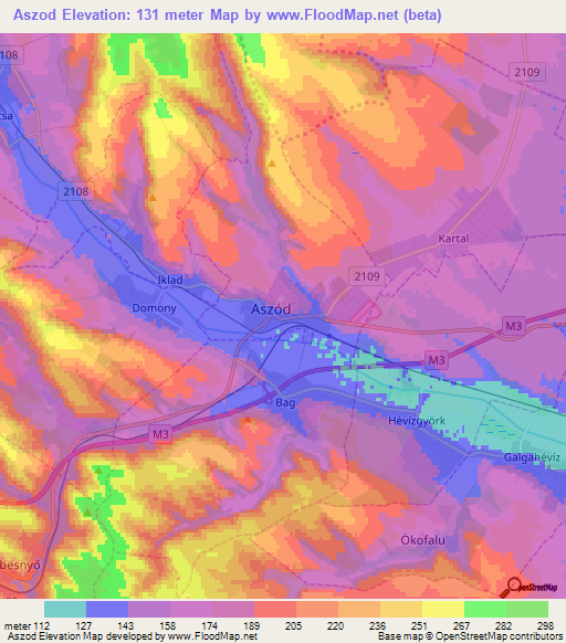 Aszod,Hungary Elevation Map