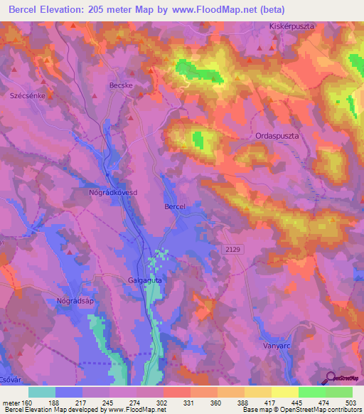 Bercel,Hungary Elevation Map