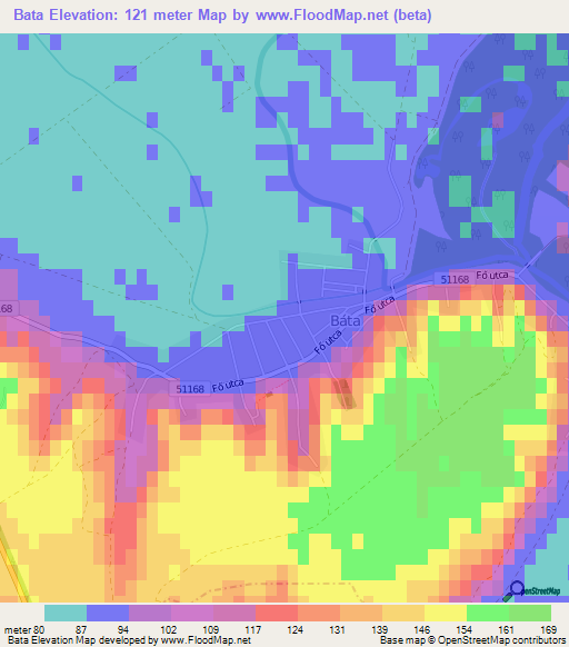 Bata,Hungary Elevation Map