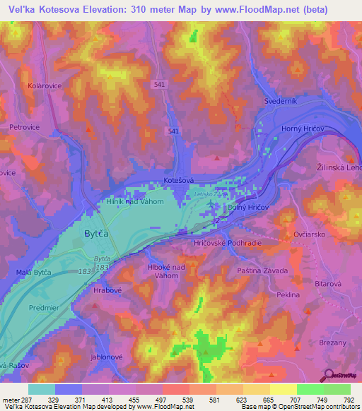 Vel'ka Kotesova,Slovakia Elevation Map