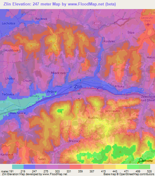 Zlin,Czech Republic Elevation Map