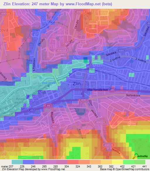 Zlin,Czech Republic Elevation Map