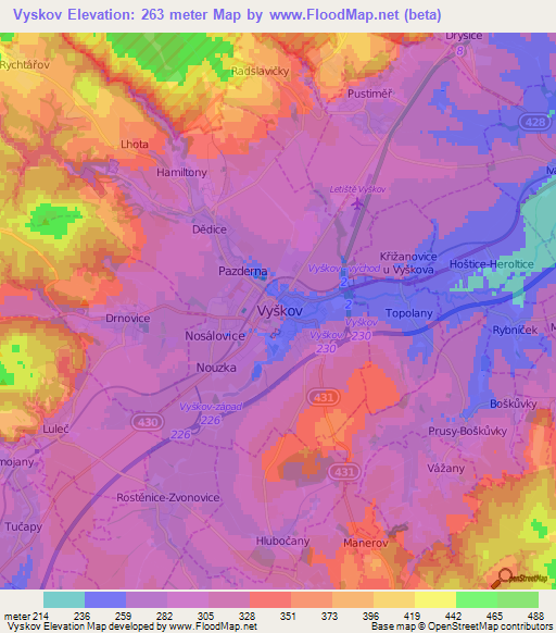 Vyskov,Czech Republic Elevation Map