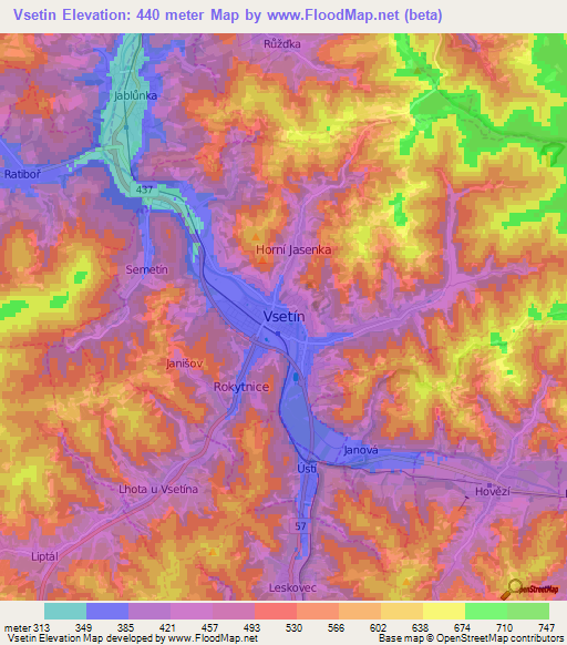 Vsetin,Czech Republic Elevation Map