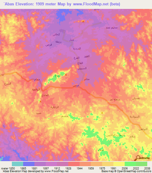 `Abas,Yemen Elevation Map
