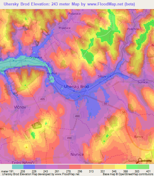Uhersky Brod,Czech Republic Elevation Map