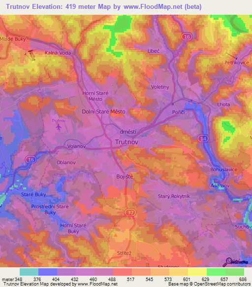 Trutnov,Czech Republic Elevation Map