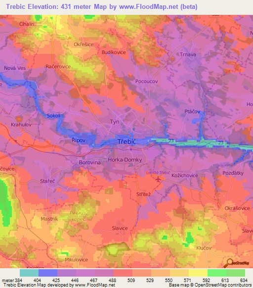 Trebic,Czech Republic Elevation Map