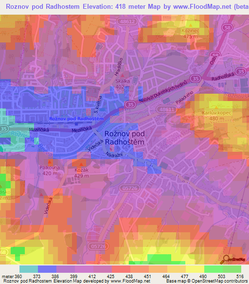 Roznov pod Radhostem,Czech Republic Elevation Map