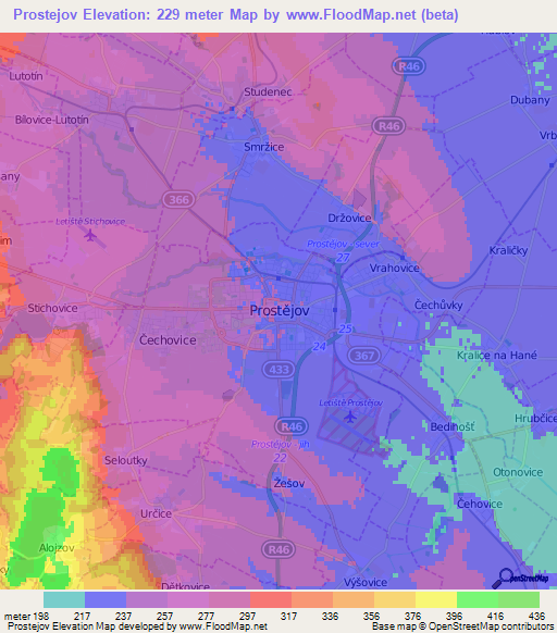 Prostejov,Czech Republic Elevation Map