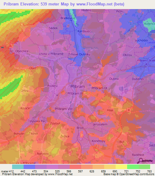 Pribram,Czech Republic Elevation Map