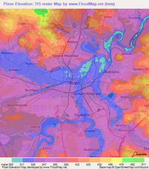 Plzen,Czech Republic Elevation Map