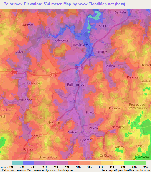 Pelhrimov,Czech Republic Elevation Map