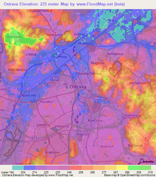 Ostrava,Czech Republic Elevation Map