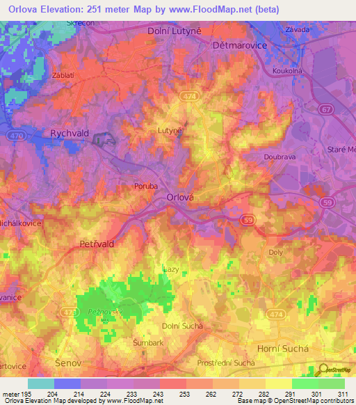 Orlova,Czech Republic Elevation Map