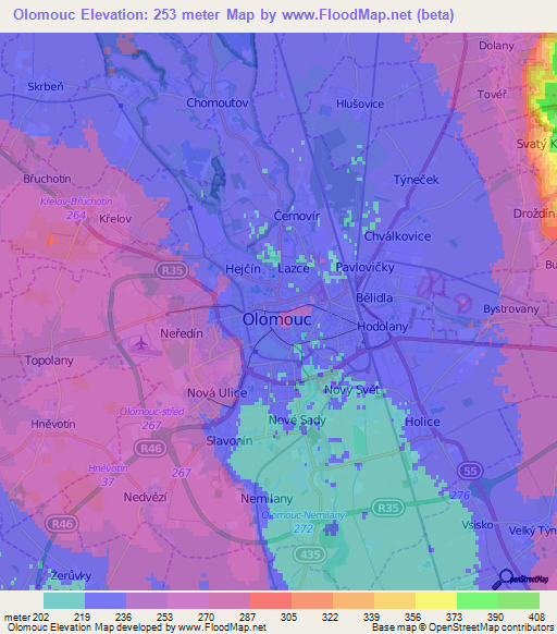 Olomouc,Czech Republic Elevation Map