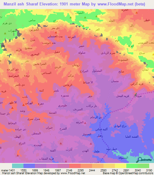 Manzil ash Sharaf,Yemen Elevation Map