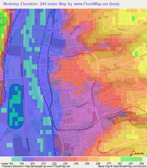 Modrany,Czech Republic Elevation Map