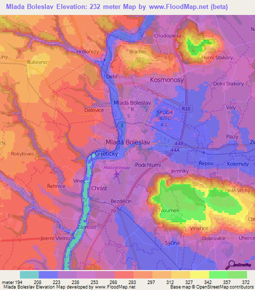 Mlada Boleslav,Czech Republic Elevation Map