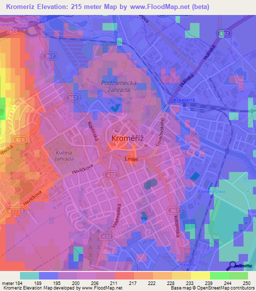 Kromeriz,Czech Republic Elevation Map