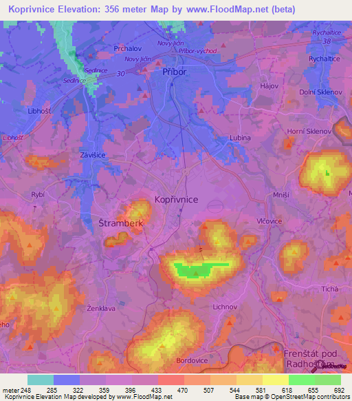 Koprivnice,Czech Republic Elevation Map