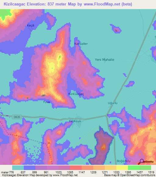 Kizilcaagac,Turkey Elevation Map