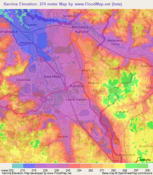Karvina,Czech Republic Elevation Map