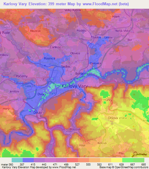 Karlovy Vary,Czech Republic Elevation Map