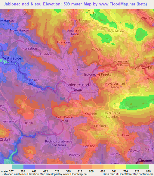 Jablonec nad Nisou,Czech Republic Elevation Map