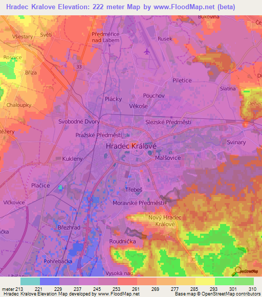Hradec Kralove,Czech Republic Elevation Map