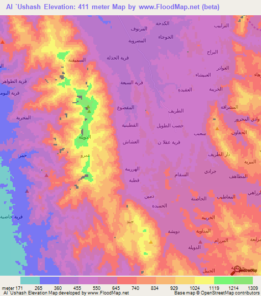 Al `Ushash,Yemen Elevation Map