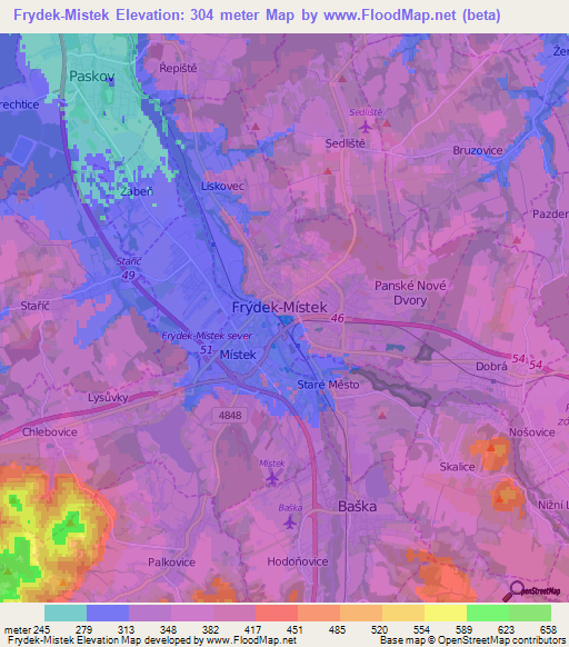 Frydek-Mistek,Czech Republic Elevation Map