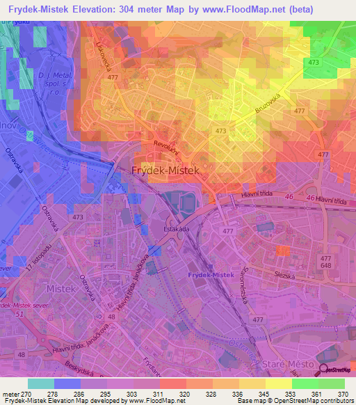 Frydek-Mistek,Czech Republic Elevation Map