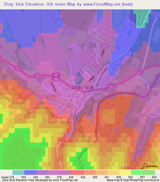 Zloty Stok,Poland Elevation Map