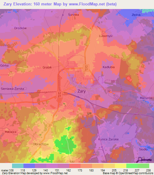 Zary,Poland Elevation Map